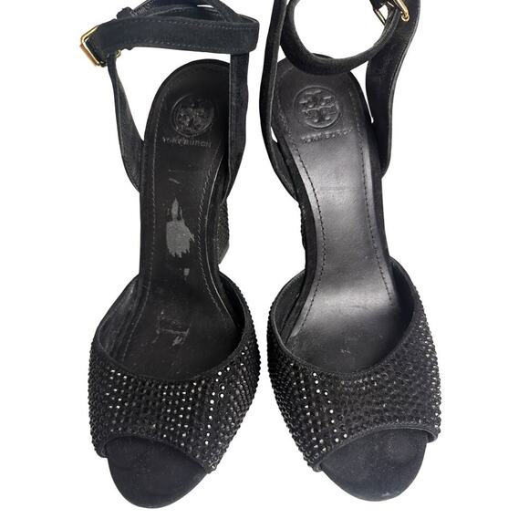 Tory Burch Black Suede Crystal Embellishments Wedge Sandals Sz 7 M Glam Mob Wife - Picture 13 of 16